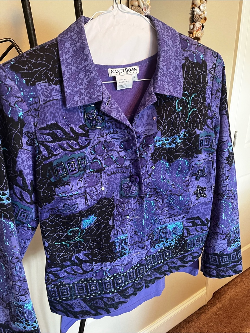 Nancy Bolen Purple Patterned Button-Front Blazer Jacket and Beaded Shell